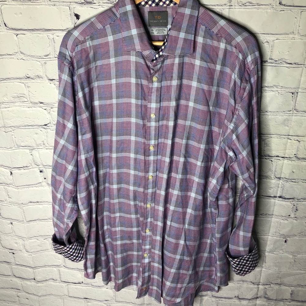 Thomas Dean Men’s Button-Up Shirt Flip Cuff Size 2XL Purple Plaid